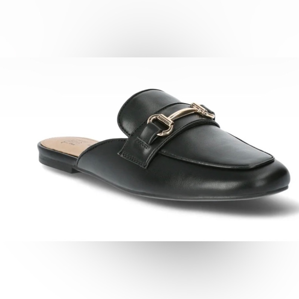 Time and Tru Black Leather-Look Slip-On Mules with Gold Hardware